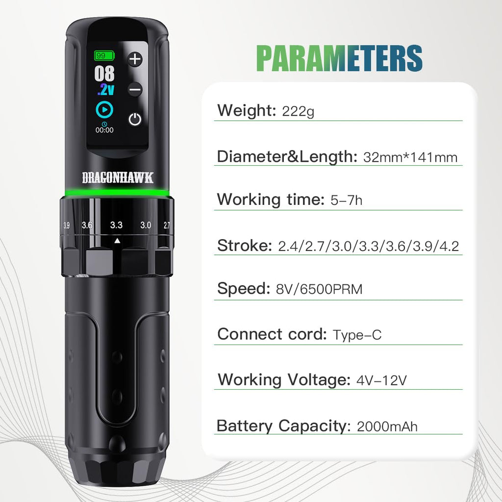 Dragonhawk L3 紋身套裝，無線/有線全套紋身槍套裝，7 種筆畫長度，2 個 2000mAh 電池，帶備用電池 RCA 插孔配件，專業紋身針（適合初學者）
