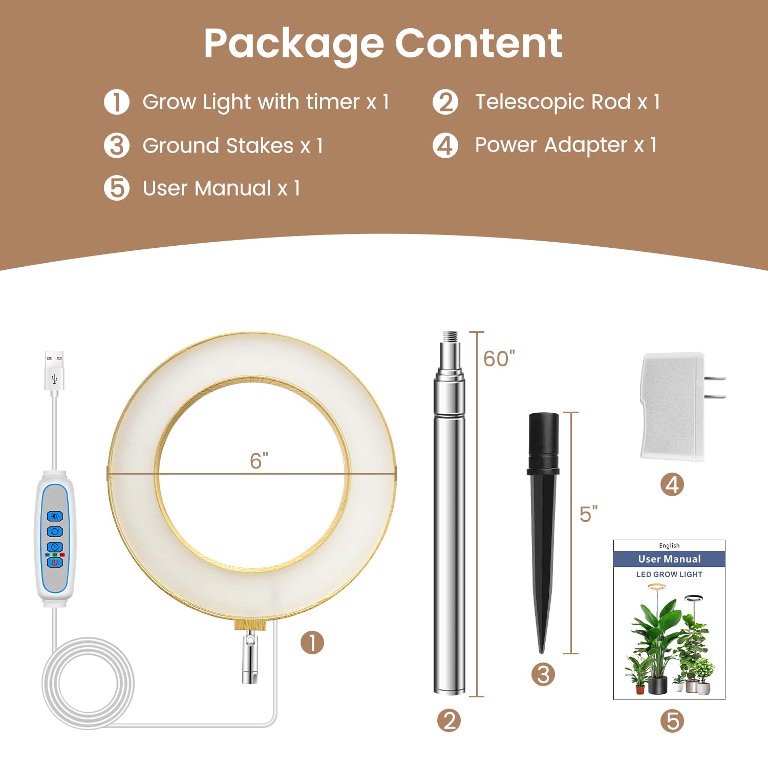 Kullsinss Grow Lights for Indoor Plants, Full Spectrum Plant Lights for Indoor Growing with 6/12/16H Timer, 3 Color Modes, 5 Brightness, 10"-65" Height Adjustable Wood Grain Plant Growing Lamp