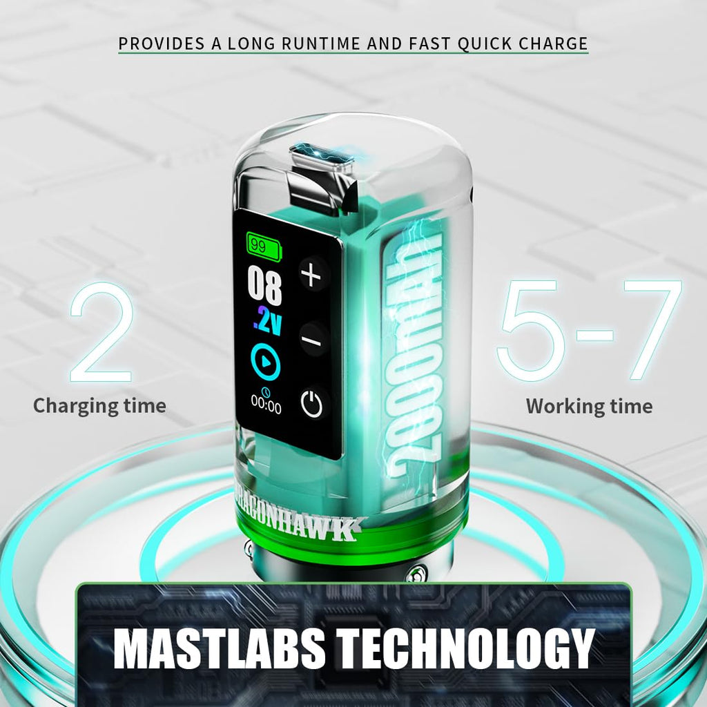 Dragonhawk L3 紋身套裝，無線/有線全套紋身槍套裝，7 種筆畫長度，2 個 2000mAh 電池，帶備用電池 RCA 插孔配件，專業紋身針（適合初學者）