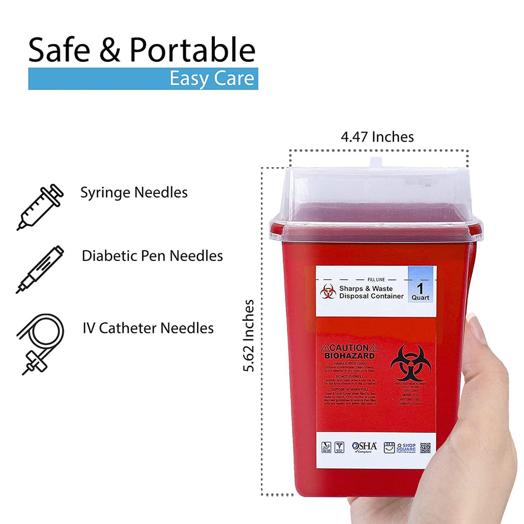 Sharps Containers for Home Use, Needle Disposal, Sharps Disposal, Small Biohazard Containers - 1 Quart