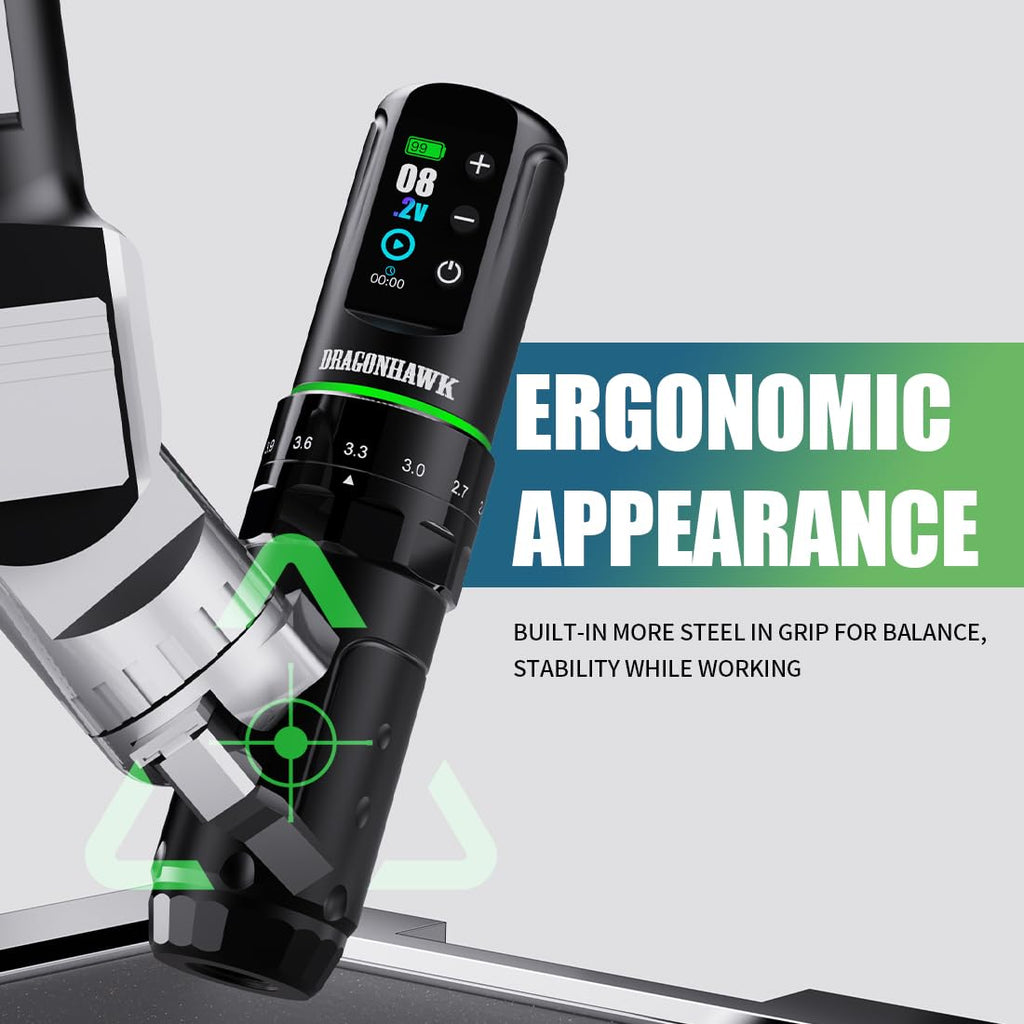 Dragonhawk L3 紋身套裝，無線/有線全套紋身槍套裝，7 種筆畫長度，2 個 2000mAh 電池，帶備用電池 RCA 插孔配件，專業紋身針（適合初學者）