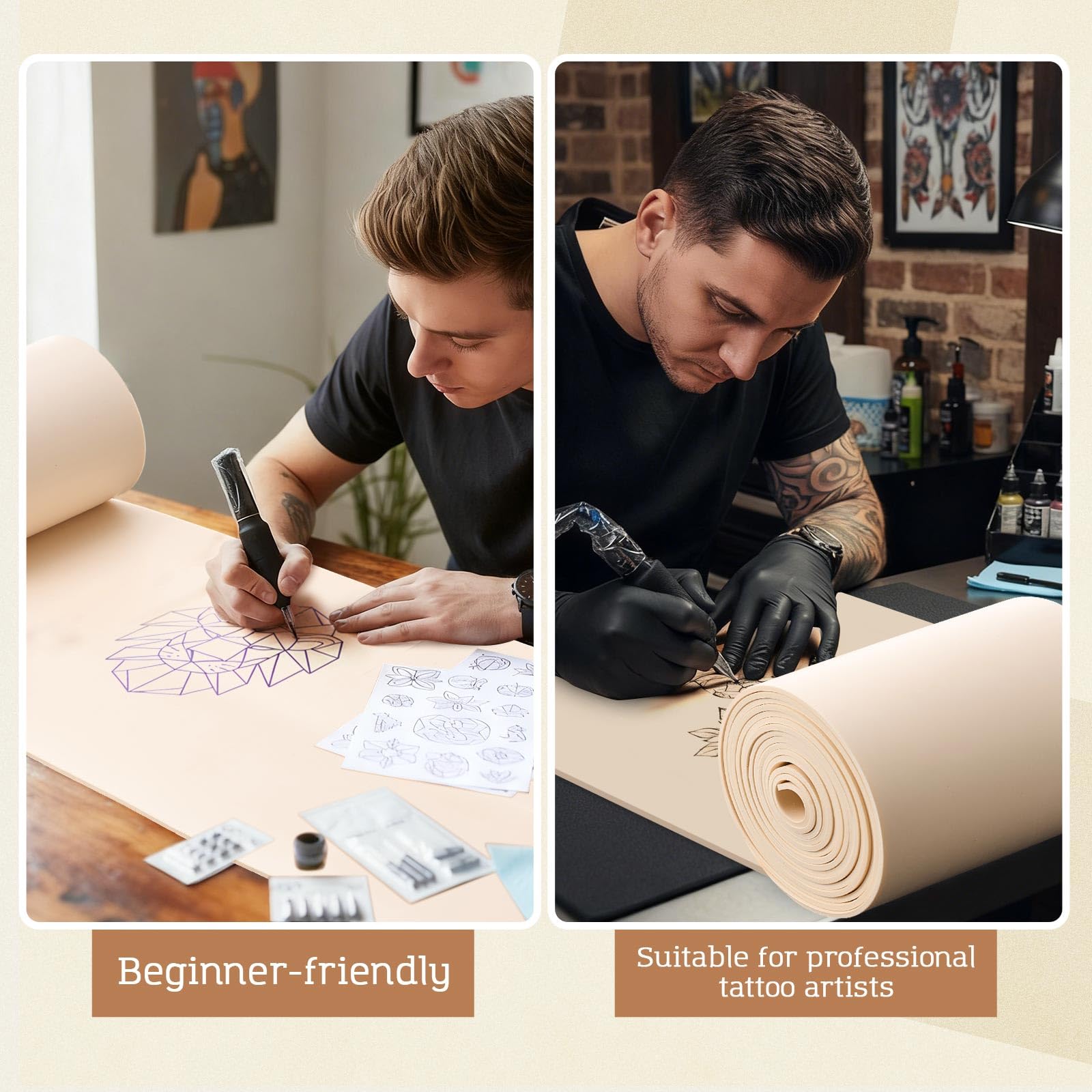 Heigble 148 x 6.3 Inch Rolled Blank 3mm Tattoo Practice Skin, One Roll Equivalent to 20+ Pieces Fake Skin Double Sides, Include 1 Scissors, 50 Pcs Transfer Papers, for Beginner Professional Practice