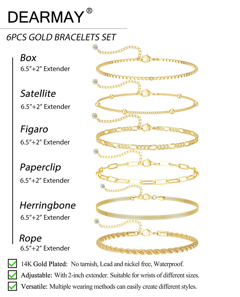 DEARMAY 14K鍍金女手鍊套裝，時尚精緻疊戴，包括迴紋針繩、蛇形盒、費加洛鍊等，是饋贈佳品。