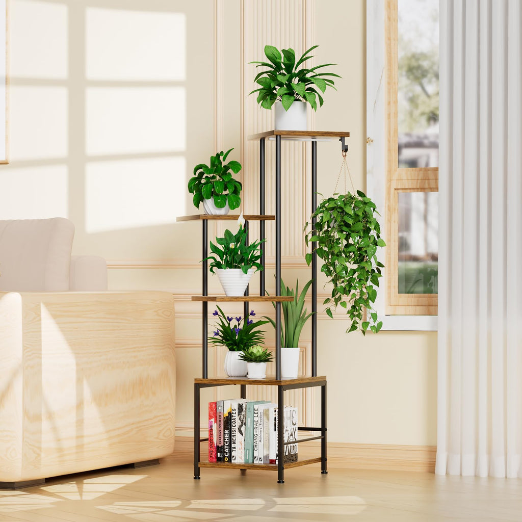 Homsorout Plant Stand Indoor with Grow Light, 5-Tiered Tall Plant Stand Indoor, Metal Plant Shelf with Hanging Basket Hook and Adjustable Light, Ideal for Living Room, Garden, Patio (Black Brown)