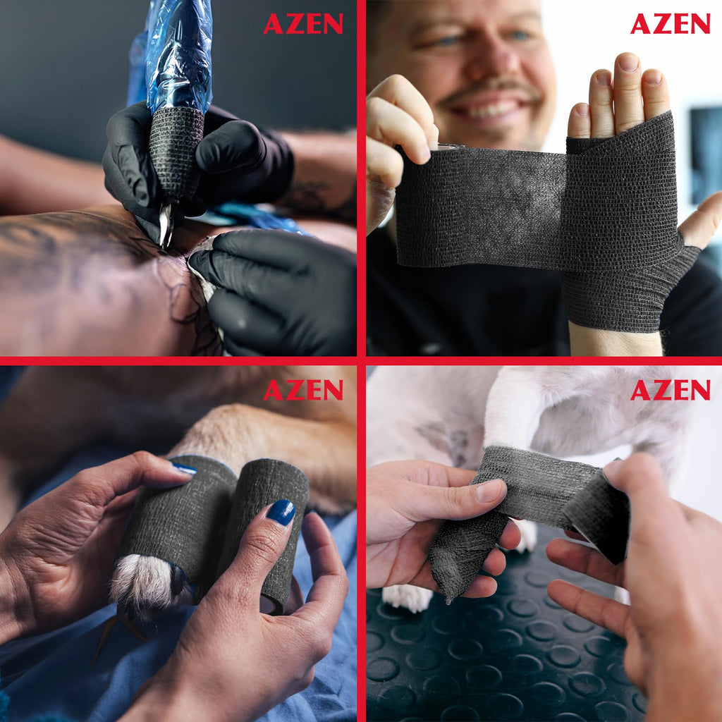 AZEN 16 Pack Self Adhesive Bandage Wrap Black, 2" X 5 Yards Black Athletic Tape, Vet Wrap, Tattoo Grip Tape Wrap，Ankle Tape, Cohesive Bandage Wrap