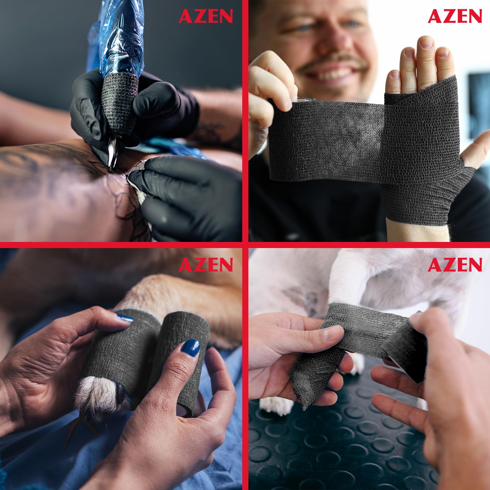 AZEN 16 Pack Self Adhesive Bandage Wrap Black, 2" X 5 Yards Black Athletic Tape, Vet Wrap, Tattoo Grip Tape Wrap，Ankle Tape, Cohesive Bandage Wrap