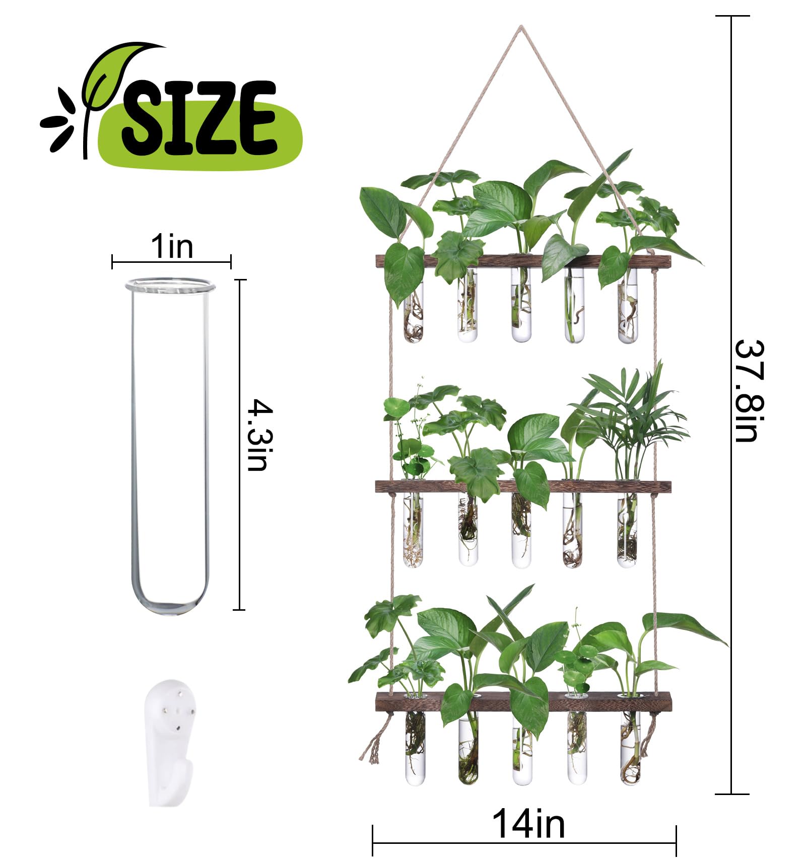 XXXFLOWER Wall Hanging Propagation Station with Wooden Stand 5 Glass Test Tubes 3 Tiered Planters Wall Terrarium for Home Office Plant Hanger Flower Vases Wall Decor Hydroponic Cuttings