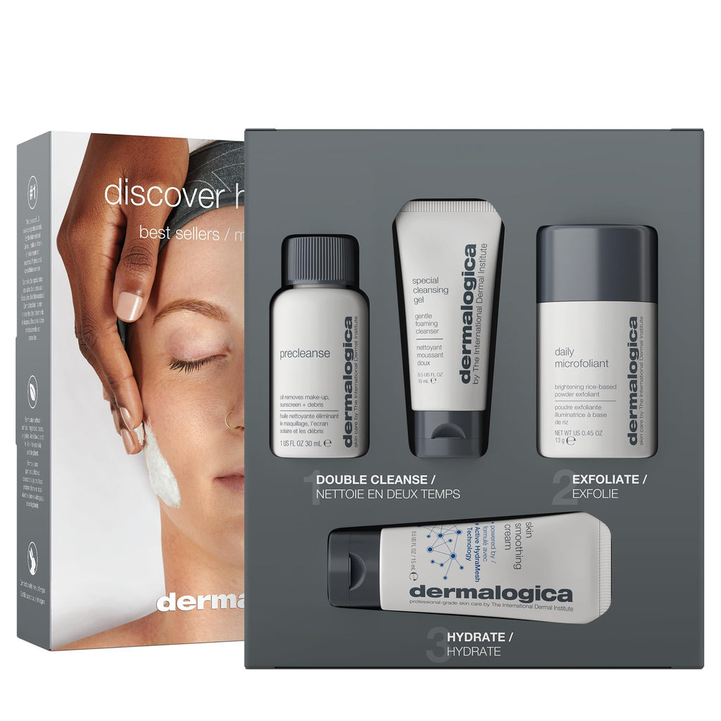Dermalogica Discover Healthy Skin Kit - Includes: Precleanse, Face Wash, Face Exfoliator, & Moisturizer - Wash Away Impurities To Reveal Glowing Skin