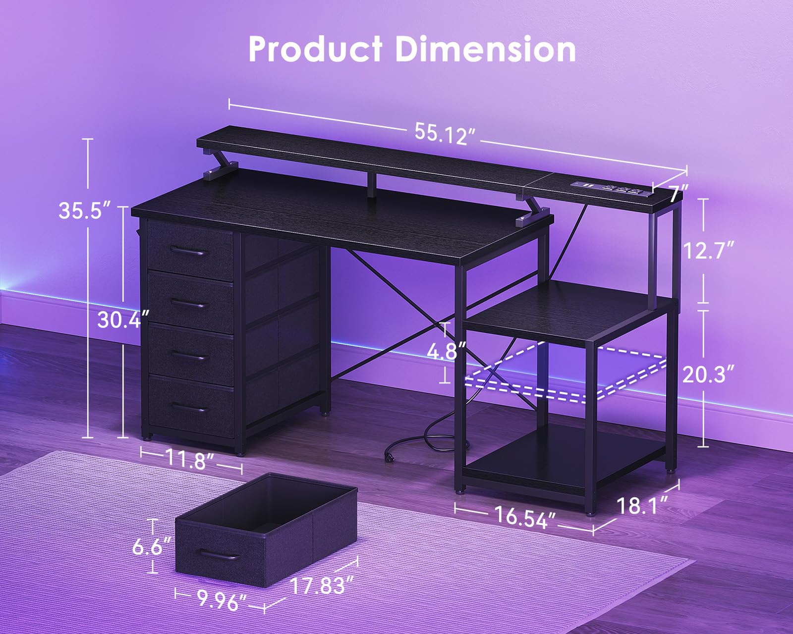 ODK 55吋電腦遊戲桌，附電源插座和4個抽屜，家用辦公桌，附顯示器支架和印表機架，黑色