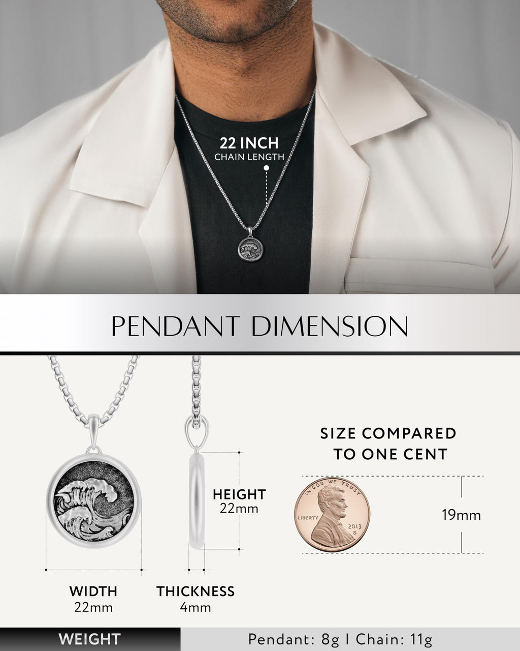 RTZN® Ocean Wave Necklace Pendant for Men – Premium Ocean Necklace with 22" Box Chain + 2" Extension – 316L Stainless Steel Waterproof & Non-Tarnish Surfer Necklaces for Men & Women