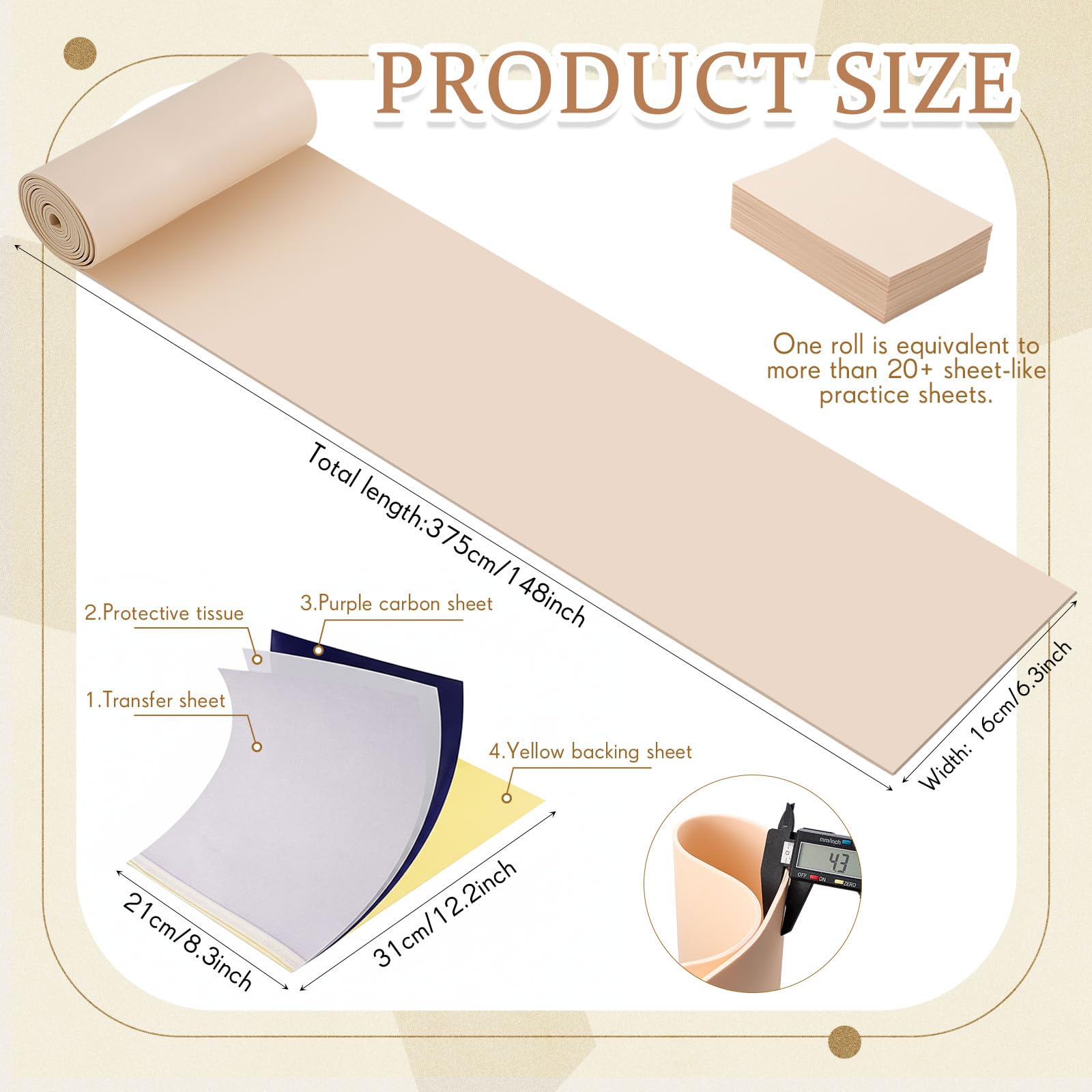 Heigble 148 x 6.3 Inch Rolled Blank 3mm Tattoo Practice Skin, One Roll Equivalent to 20+ Pieces Fake Skin Double Sides, Include 1 Scissors, 50 Pcs Transfer Papers, for Beginner Professional Practice