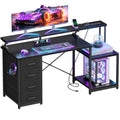 ODK 55吋電腦遊戲桌，附電源插座和4個抽屜，家用辦公桌，附顯示器支架和印表機架，黑色