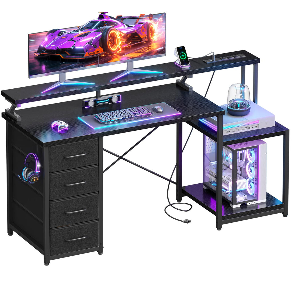 ODK 55吋電腦遊戲桌，附電源插座和4個抽屜，家用辦公桌，附顯示器支架和印表機架，黑色