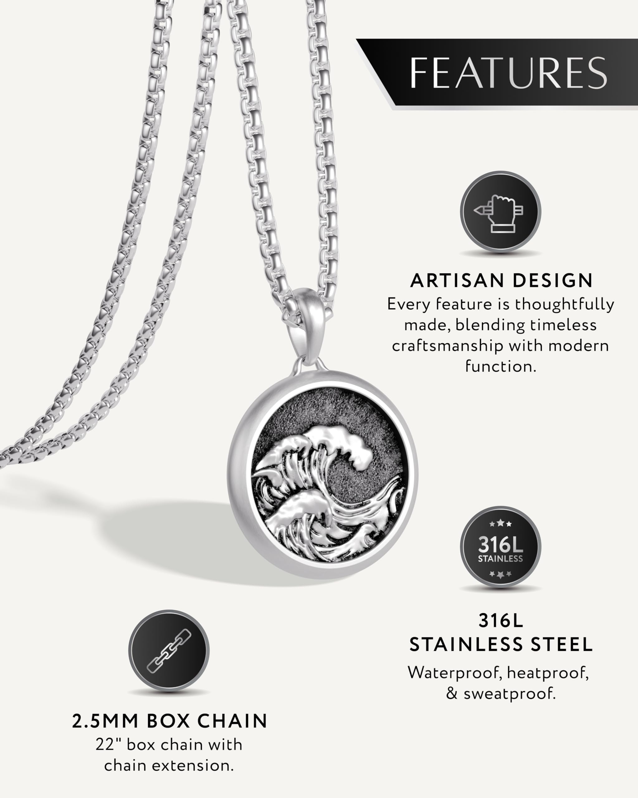 RTZN® Ocean Wave Necklace Pendant for Men – Premium Ocean Necklace with 22" Box Chain + 2" Extension – 316L Stainless Steel Waterproof & Non-Tarnish Surfer Necklaces for Men & Women