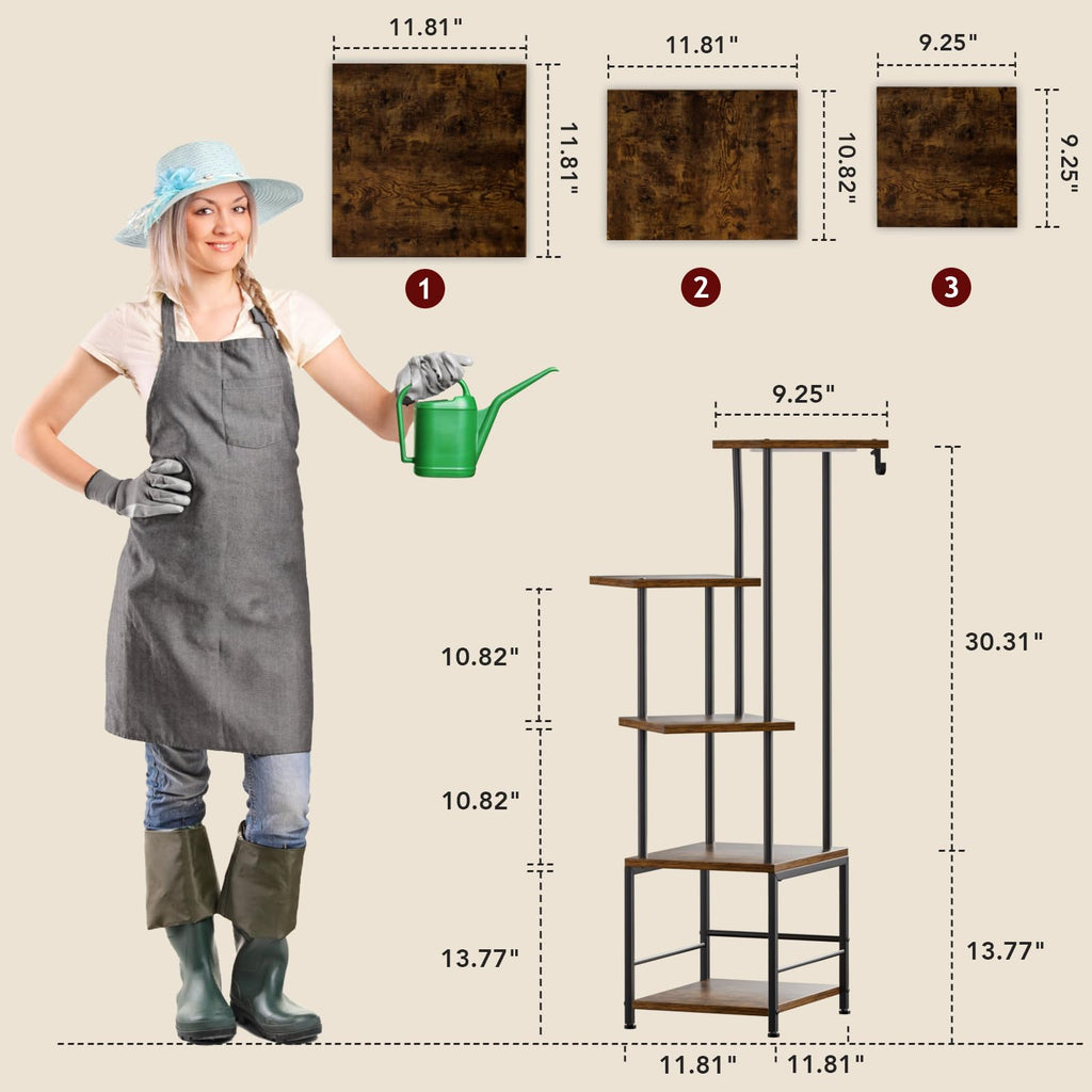 Homsorout Plant Stand Indoor with Grow Light, 5-Tiered Tall Plant Stand Indoor, Metal Plant Shelf with Hanging Basket Hook and Adjustable Light, Ideal for Living Room, Garden, Patio (Black Brown)