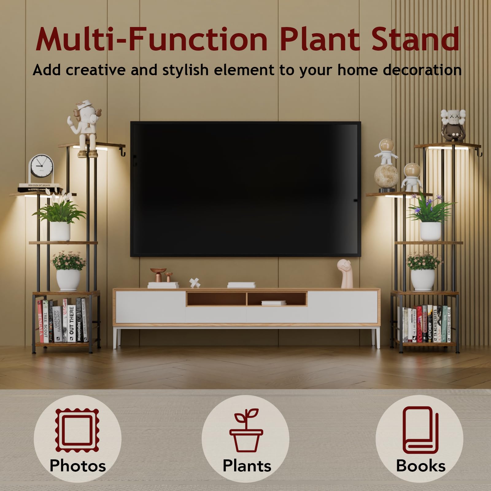 Homsorout Plant Stand Indoor with Grow Light, 5-Tiered Tall Plant Stand Indoor, Metal Plant Shelf with Hanging Basket Hook and Adjustable Light, Ideal for Living Room, Garden, Patio (Black Brown)