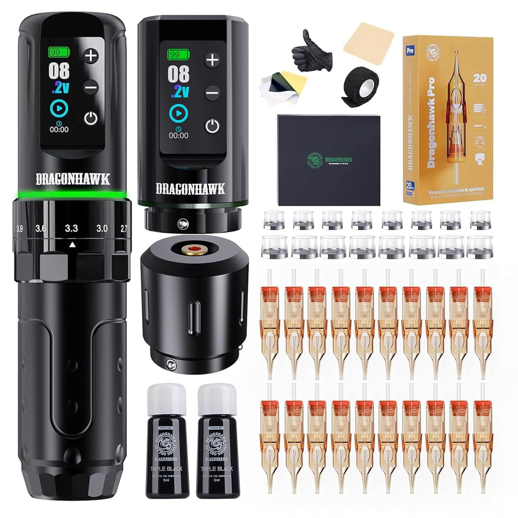 Dragonhawk L3 紋身套裝，無線/有線全套紋身槍套裝，7 種筆畫長度，2 個 2000mAh 電池，帶備用電池 RCA 插孔配件，專業紋身針（適合初學者）