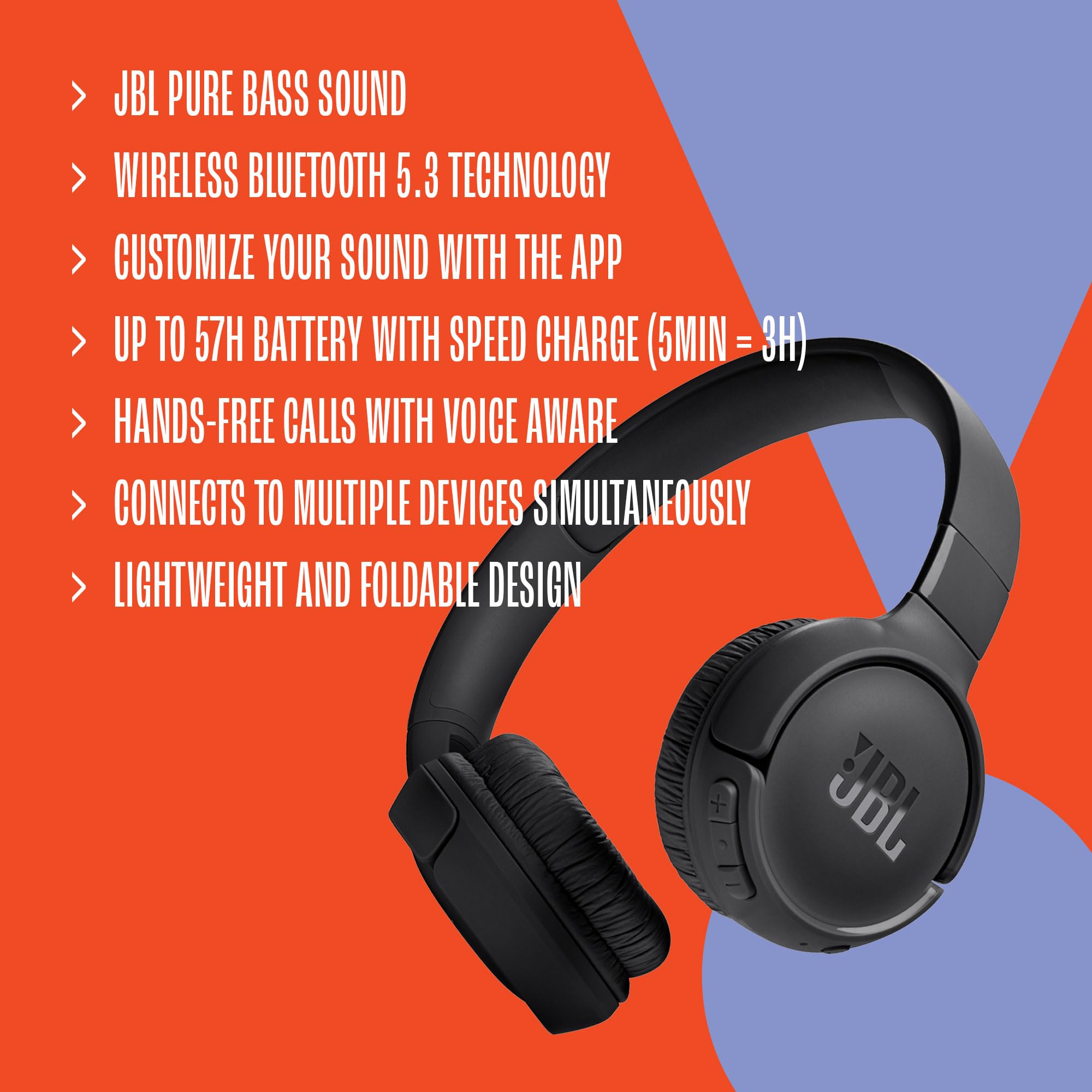 JBL Tune 520BT - Wireless On-Ear Headphones, Up to 57H Battery Life and Speed Charge, Lightweight, Comfortable and Foldable Design, Hands-Free Calls with Voice Aware (Black)