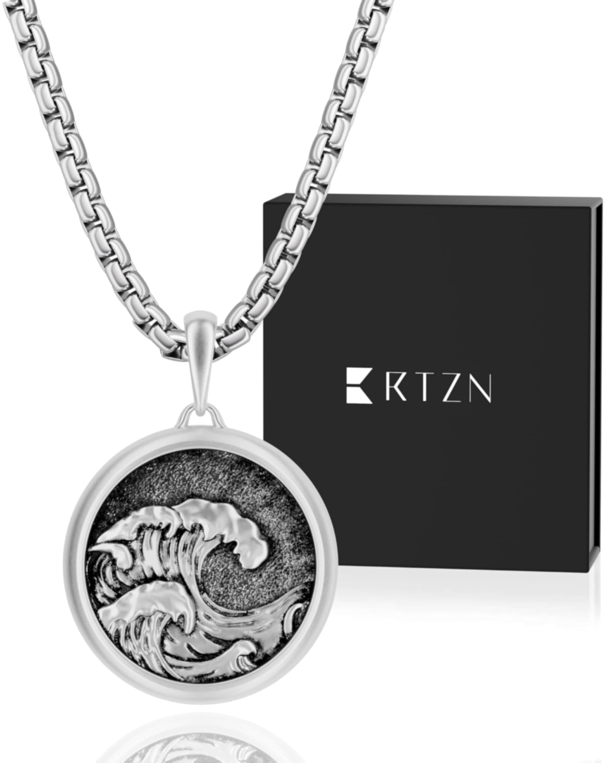 RTZN® Ocean Wave Necklace Pendant for Men – Premium Ocean Necklace with 22" Box Chain + 2" Extension – 316L Stainless Steel Waterproof & Non-Tarnish Surfer Necklaces for Men & Women