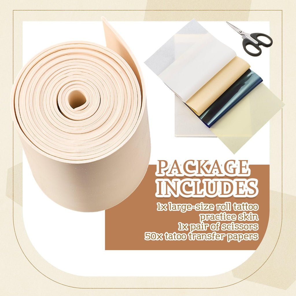 Heigble 148 x 6.3 Inch Rolled Blank 3mm Tattoo Practice Skin, One Roll Equivalent to 20+ Pieces Fake Skin Double Sides, Include 1 Scissors, 50 Pcs Transfer Papers, for Beginner Professional Practice