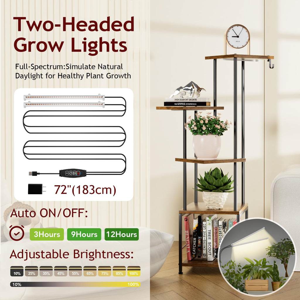 Homsorout Plant Stand Indoor with Grow Light, 5-Tiered Tall Plant Stand Indoor, Metal Plant Shelf with Hanging Basket Hook and Adjustable Light, Ideal for Living Room, Garden, Patio (Black Brown)
