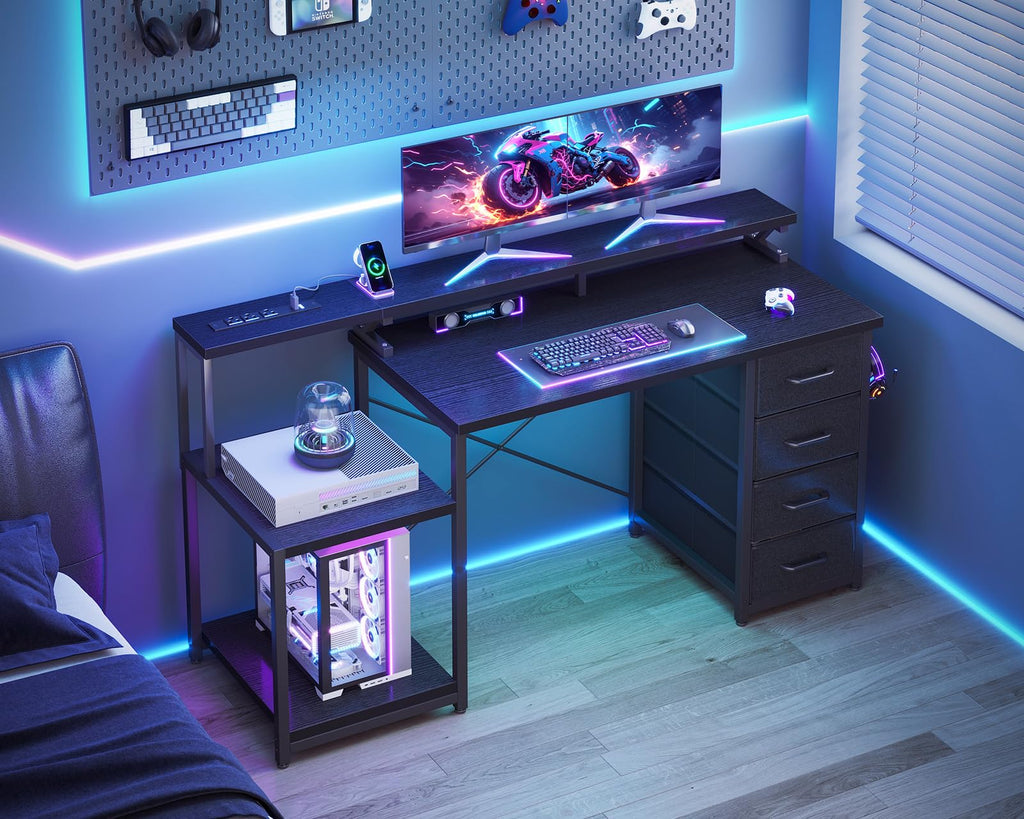 ODK 55吋電腦遊戲桌，附電源插座和4個抽屜，家用辦公桌，附顯示器支架和印表機架，黑色