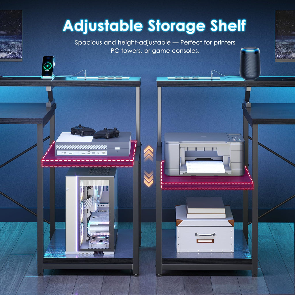 ODK 55吋電腦遊戲桌，附電源插座和4個抽屜，家用辦公桌，附顯示器支架和印表機架，黑色