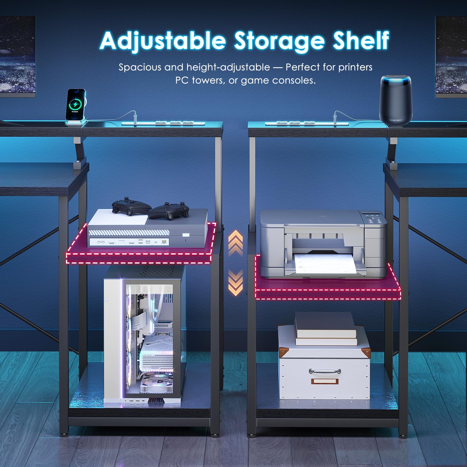 ODK 55吋電腦遊戲桌，附電源插座和4個抽屜，家用辦公桌，附顯示器支架和印表機架，黑色