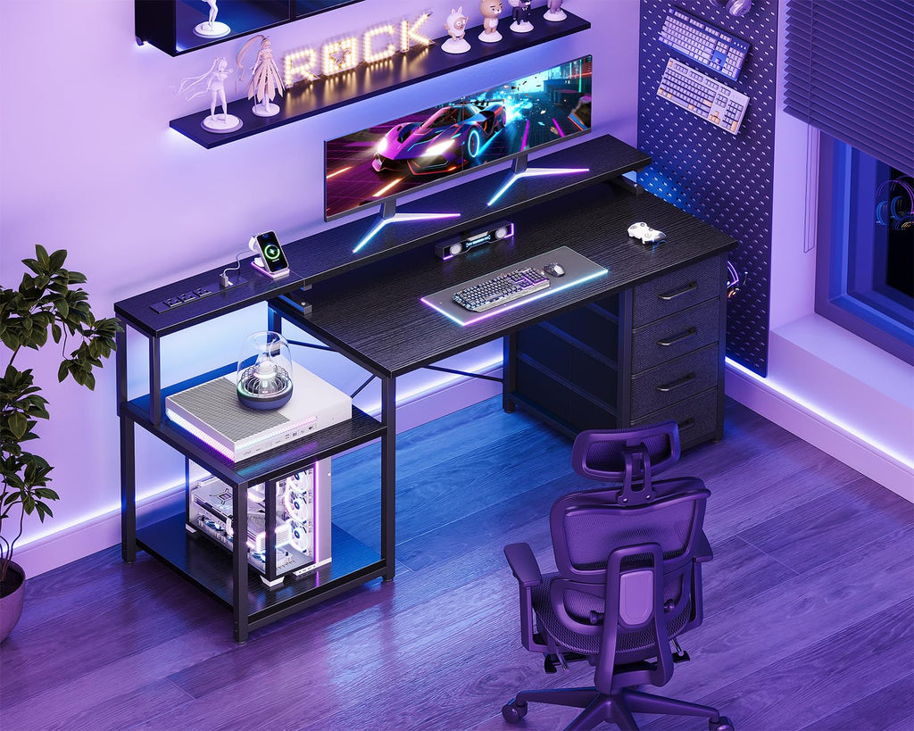 ODK 55吋電腦遊戲桌，附電源插座和4個抽屜，家用辦公桌，附顯示器支架和印表機架，黑色