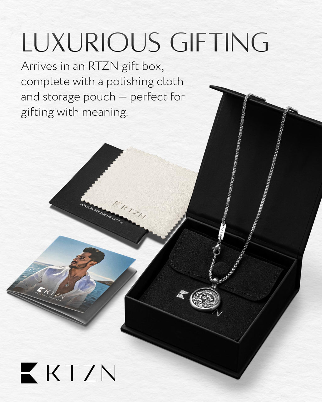 RTZN® Ocean Wave Necklace Pendant for Men – Premium Ocean Necklace with 22" Box Chain + 2" Extension – 316L Stainless Steel Waterproof & Non-Tarnish Surfer Necklaces for Men & Women