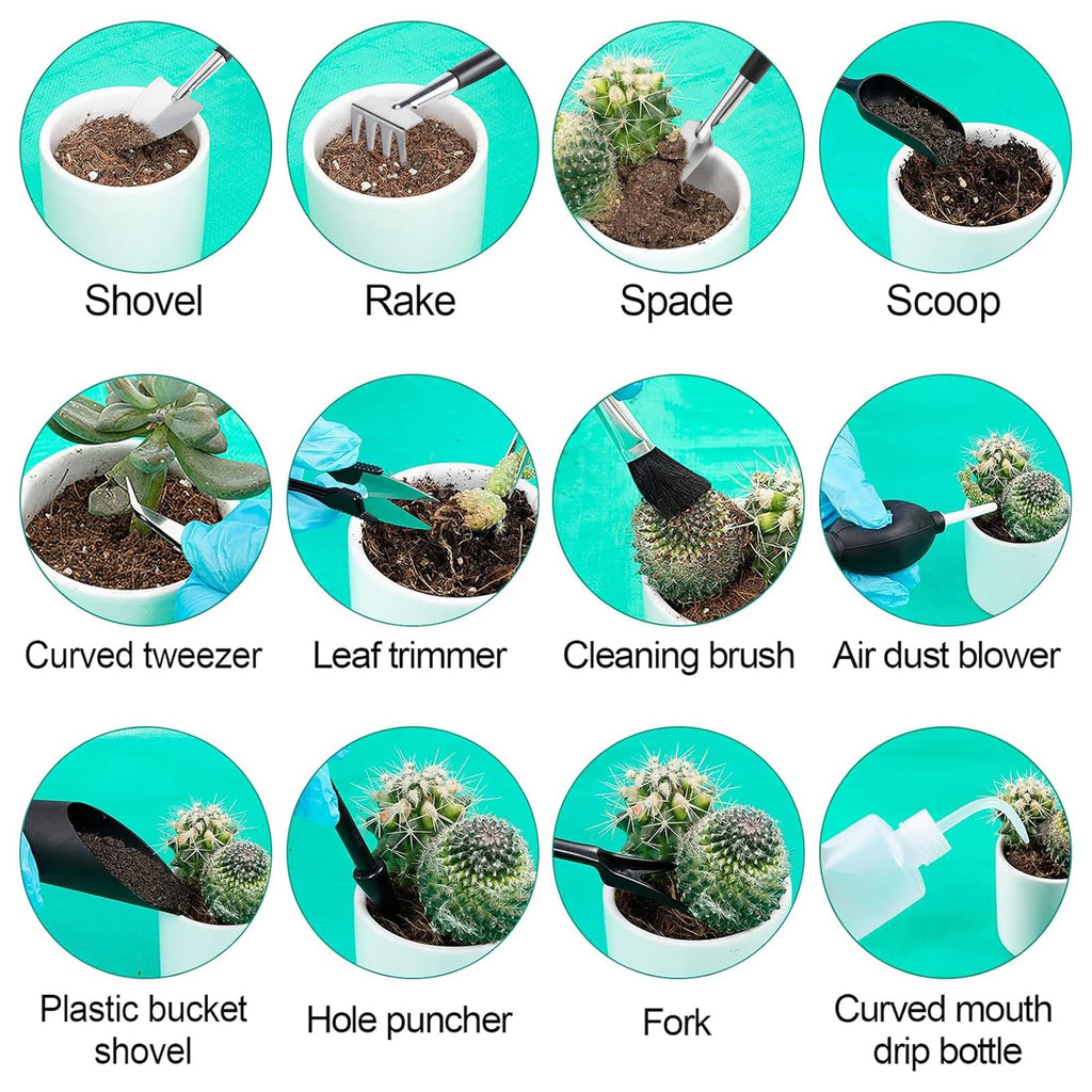 20pcs Small Gardening Tools Gifts for Women Beginners - Garden Hand Tools Set for Indoor Succulent Bonsai Plants Transplanting, Included 39.4" Plant Repotting Mat/Miniature Shovel/Labels, Green