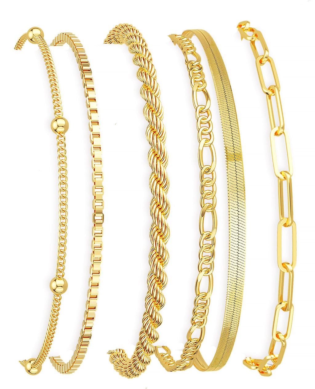 DEARMAY 14K鍍金女手鍊套裝，時尚精緻疊戴，包括迴紋針繩、蛇形盒、費加洛鍊等，是饋贈佳品。