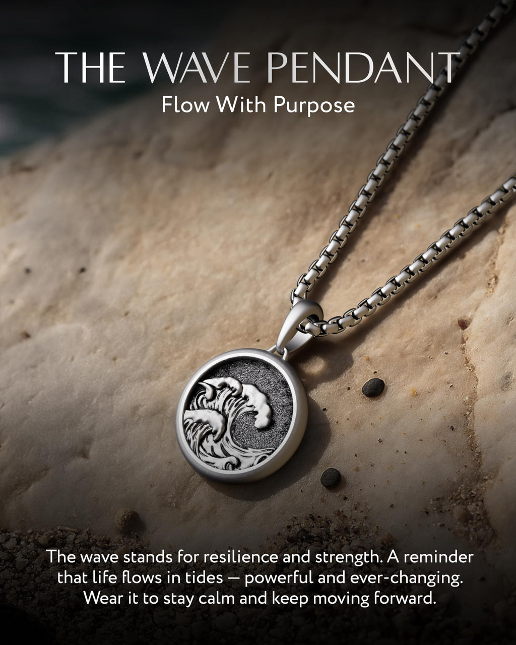 RTZN® Ocean Wave Necklace Pendant for Men – Premium Ocean Necklace with 22" Box Chain + 2" Extension – 316L Stainless Steel Waterproof & Non-Tarnish Surfer Necklaces for Men & Women