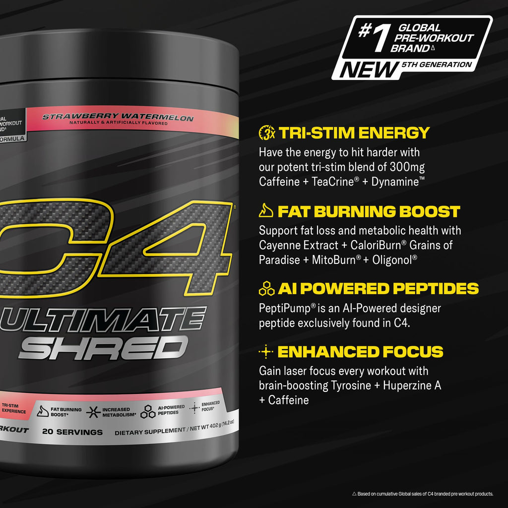 Cellucor C4 Ultimate Shred Pre Workout Powder, Fat Burner for Men & Women, Weight Loss Supplement with Ginger Root Extract, Strawberry Watermelon, 20 Servings, 12.3 Ounce (Pack of 1)