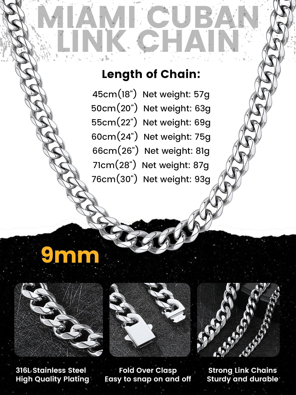 KeyStyle Cuban Link Chain for Men Women, Stainless Steel maimi Cuban Chain Necklace, Trendy Hip Hop Curb Chain Jewelry Gifts,Hypoallergenic & Non Tarnish Mens Chain,9mm Width,24" Length