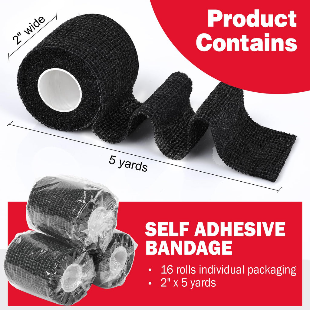 AZEN 16 Pack Self Adhesive Bandage Wrap Black, 2" X 5 Yards Black Athletic Tape, Vet Wrap, Tattoo Grip Tape Wrap，Ankle Tape, Cohesive Bandage Wrap