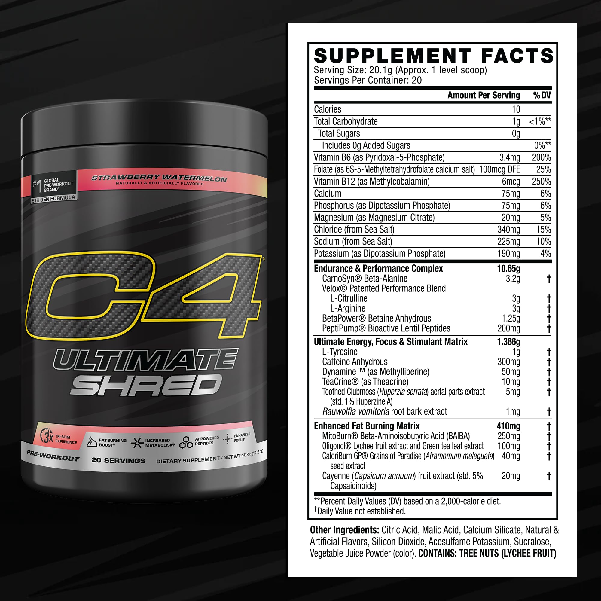 Cellucor C4 Ultimate Shred Pre Workout Powder, Fat Burner for Men & Women, Weight Loss Supplement with Ginger Root Extract, Strawberry Watermelon, 20 Servings, 12.3 Ounce (Pack of 1)