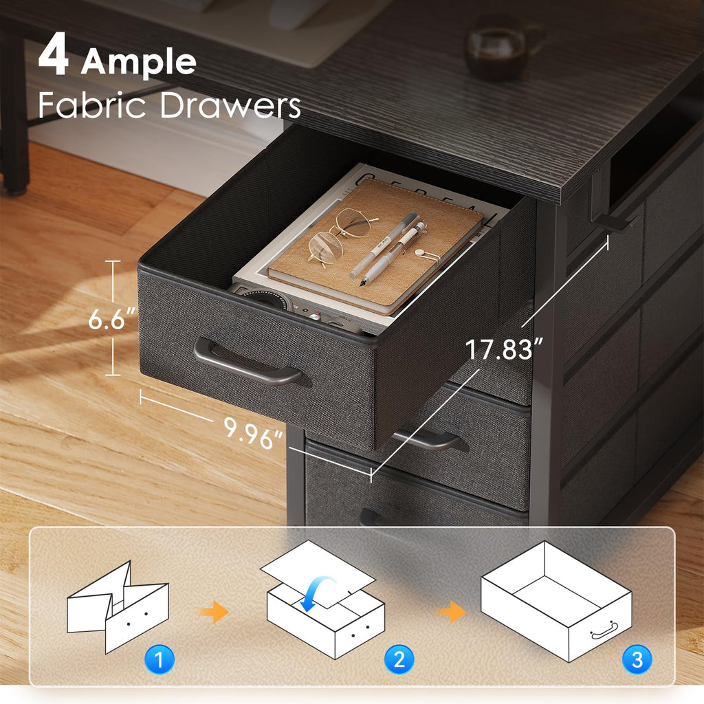 ODK 55吋電腦遊戲桌，附電源插座和4個抽屜，家用辦公桌，附顯示器支架和印表機架，黑色